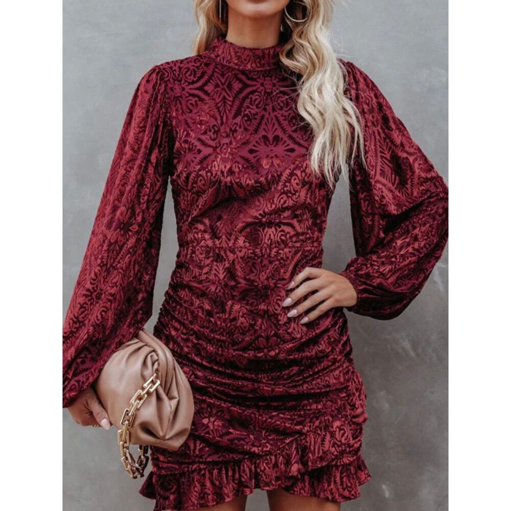Vici High Neck Purple MIni Cocktail Dress Ruched Velvet Open Back Long Sleeve M - Picture 1 of 12